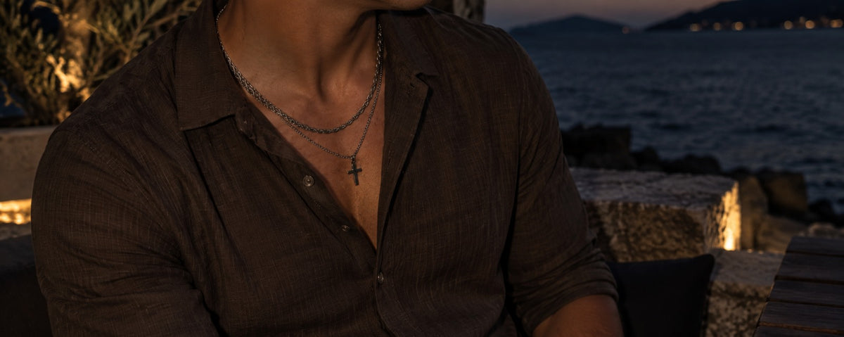 SAIN & CO. layered chain necklace, coastal dusk campaign photo